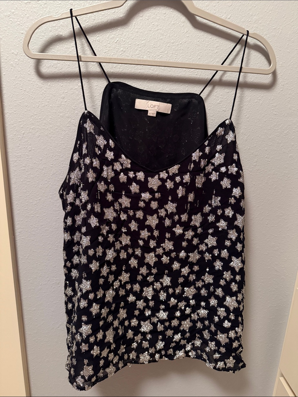 LOFT Black Cami with Silver Sequin Stars